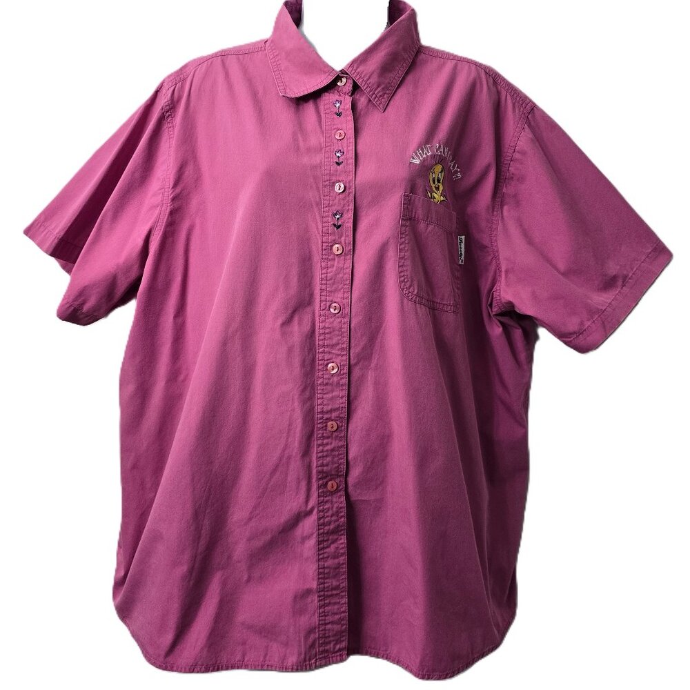 Vintage Tweety Bird Embroidered Shirt 22W 24W Plus Button Front Pocket Pink Y2K